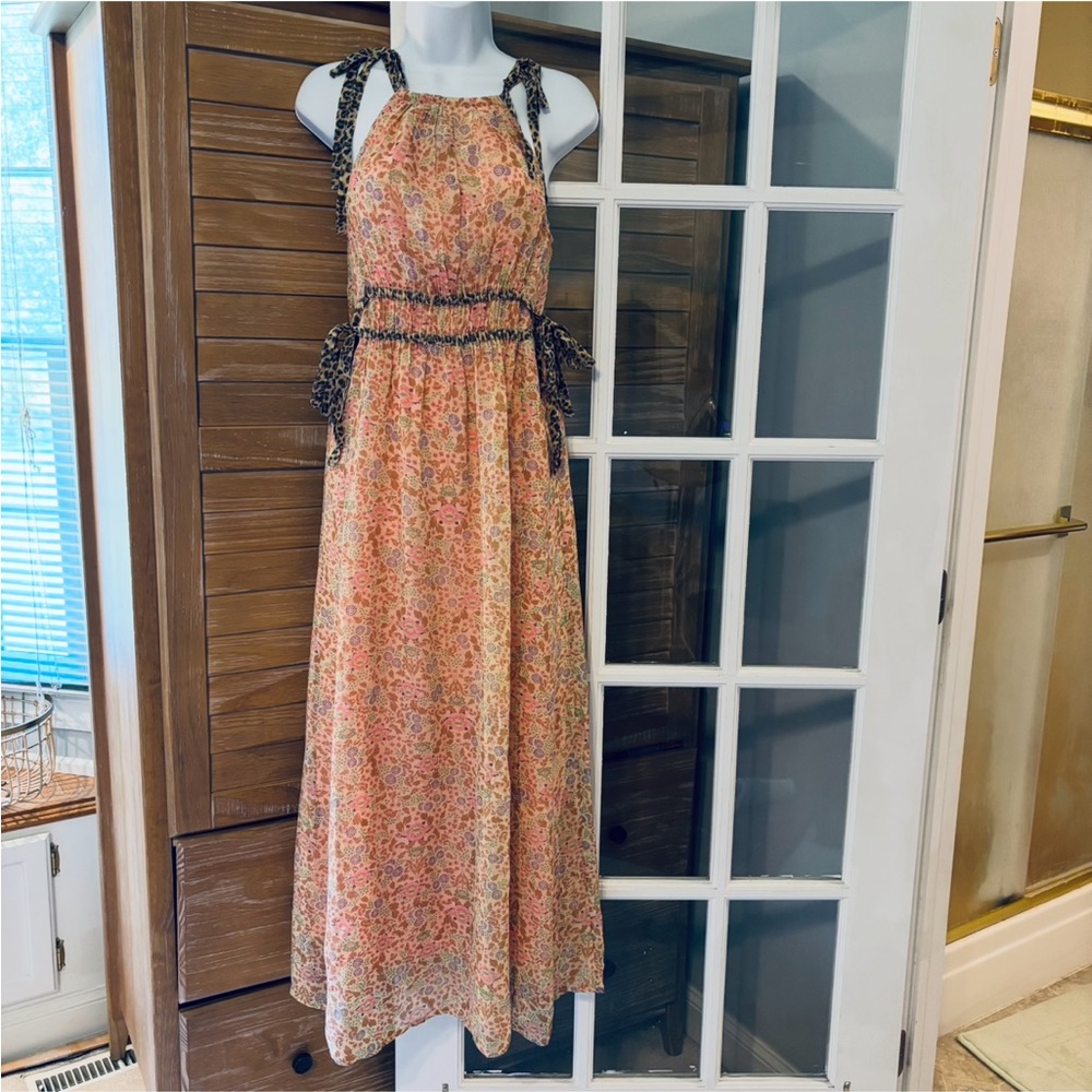 Anthropologie Peach and Brown Floral Maxi Dress NWT